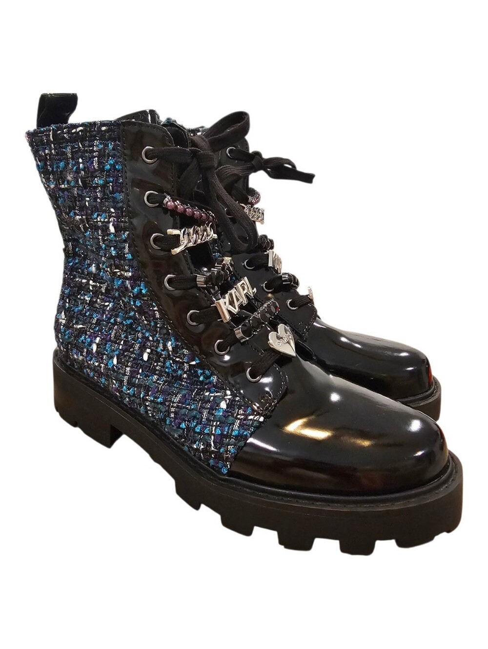 Karl Lagerfeld Paris Tweed & Patent Combat Boots with Logo Lace Charms | Size 8
